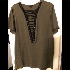 Green top with tie up front.